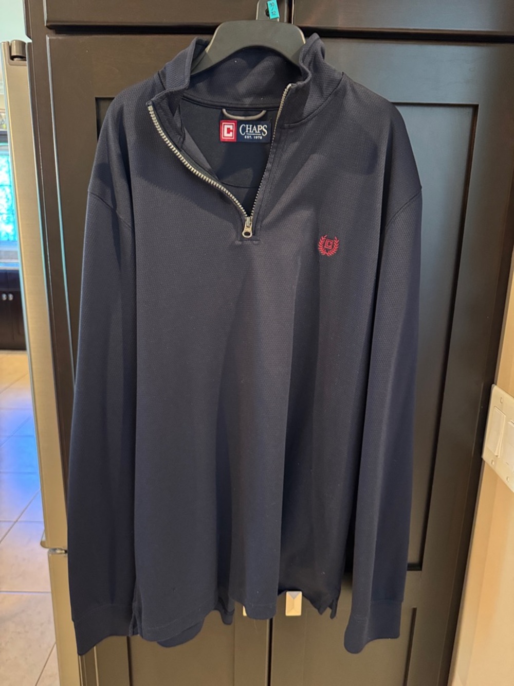 Chaps Navy Quarter-Zip Pullover with Red Crest Logo.  Size Medium